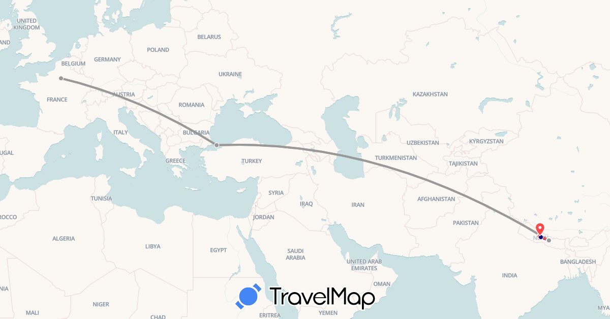 TravelMap itinerary: driving, plane, hiking in France, Nepal, Turkey (Asia, Europe)